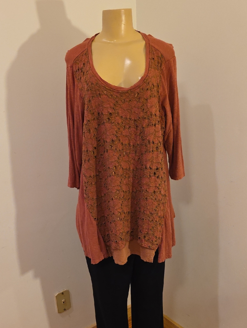 LOGO by Lori Goldstein Burnt Orange Crochet-Front Scoop Neck Tunic